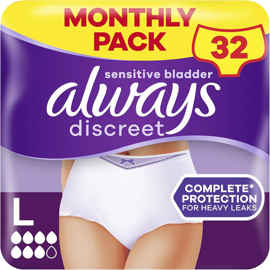 Always Discreet Incontinence Pants Women Large, UK Size 16-22, White, Absorbency 7, 32 Underwear , Disposable Maternity Knickers (8 x 4 Packs)